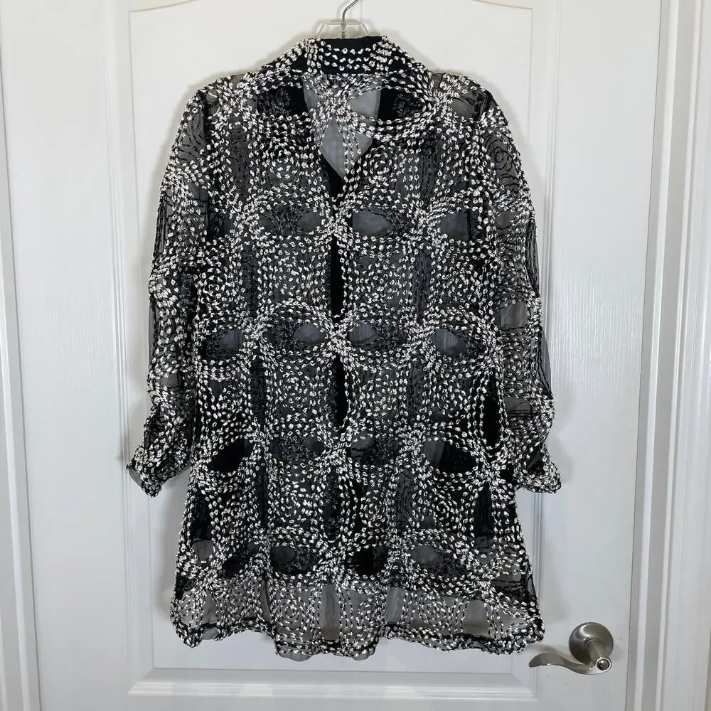 Berek Artsy Jacket Embroidered Sheer Mesh Black White Ruched Sleeves‎ M